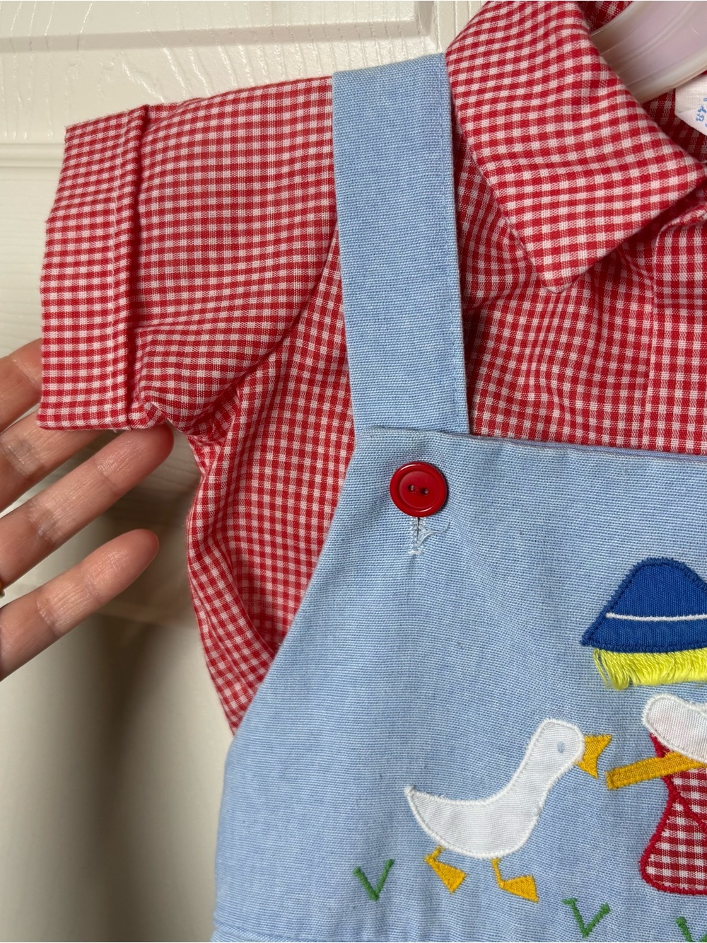 Vintage By Thomas Romper 18 months Toddler Baby Boy Blue Gingham Red Farm Ducks - Picture 6 of 10